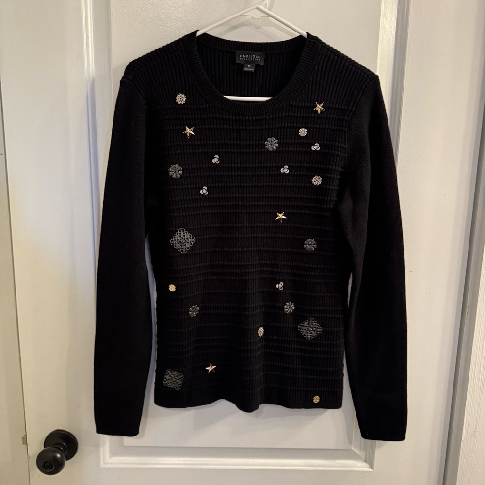 Carlisle Collection Embellished Sweater Black Cashmere Blend Medium